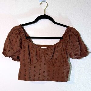 Hollister Eyelet Puff Sleeve Crop Top Brown